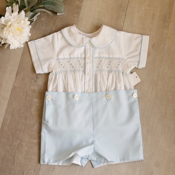 Smocked Heirloom Bobby Suit Blue and White Baby Ring Bearer...